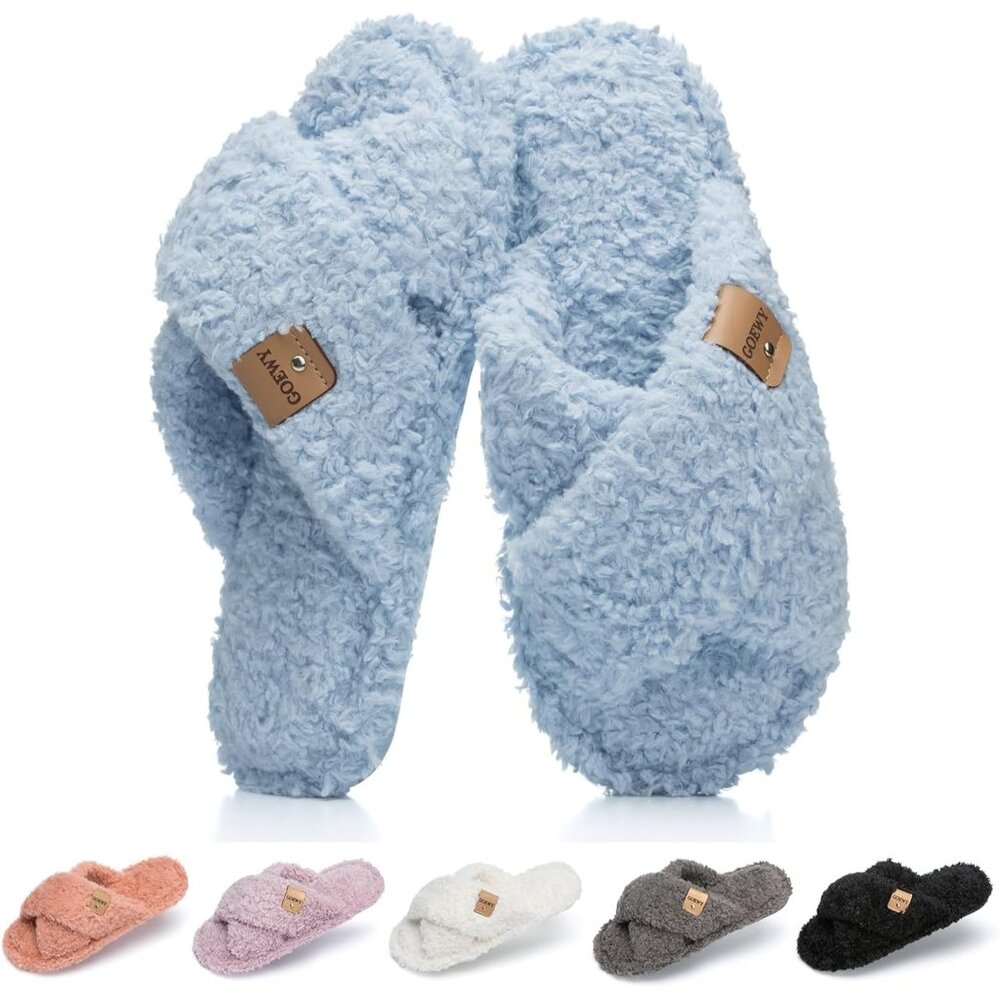 ⚡Women’s Sky Blue Faux Fur Cozy Fuzzy Cross Band Slippers Indoor House Shoes